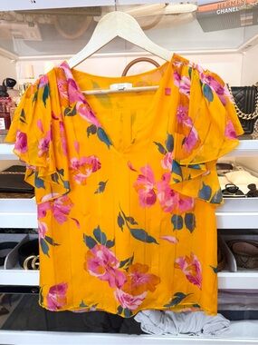 Joie orange silk floral blouse with pink flowers and green leaves, size xs